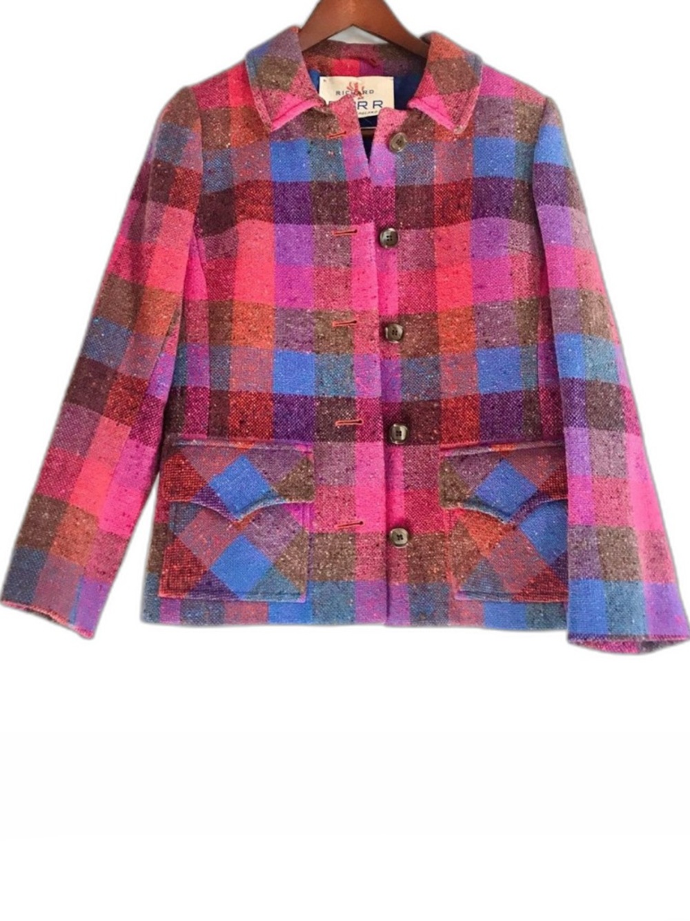 Vintage 1970s-Era Richard Barr Ireland Bright Pink Plaid 100% Wool Blazer Jacket